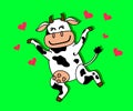 Happy cow is dancing in the meadow. Cow and hearts. Cartoon. Vector